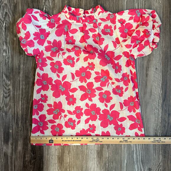 Boutique Style Floral‎ Puff Sleeve Blouse Ruffled Neck Pink Preppy- Size M - Picture 6 of 9